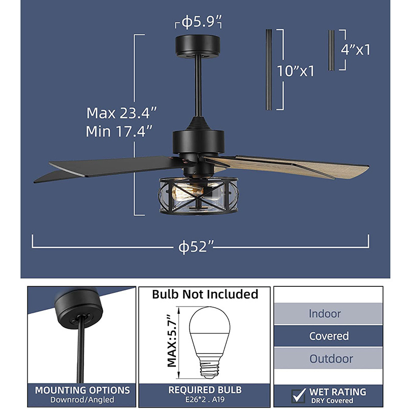 Farmhouse glass shade lamp industrial fancy pendant lighting ceiling fan light bulb e27 glass plywood ceiling fan with lights