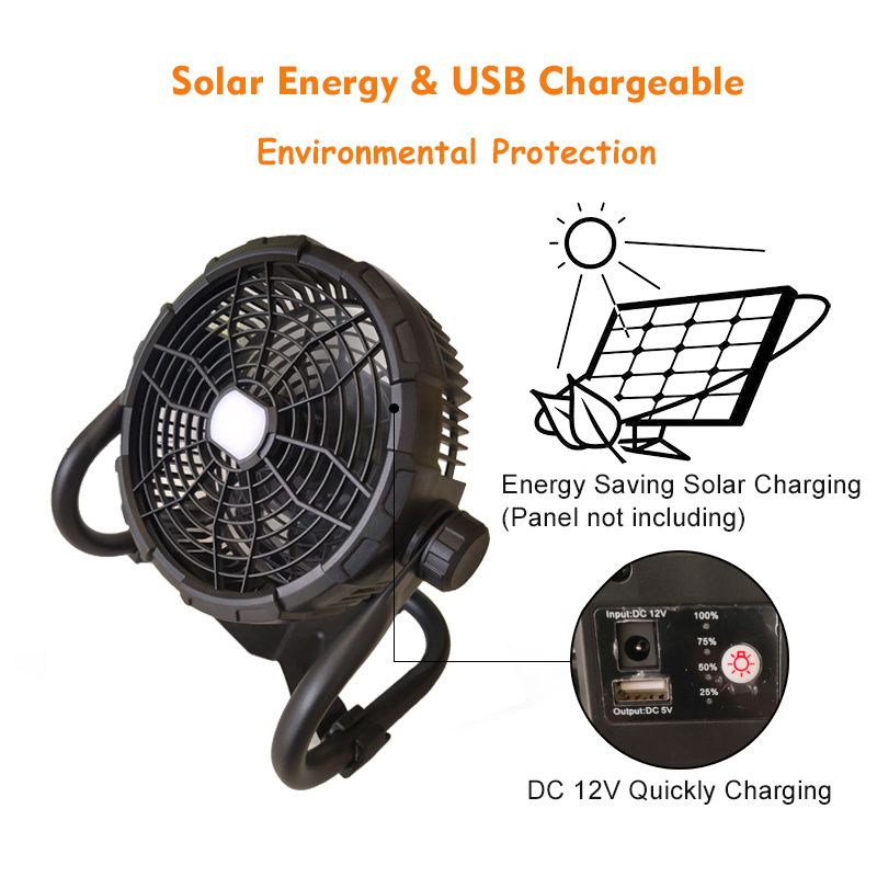 outdoor 12V DC portable LED USB floor solar fan power camping outside rechargeable fan wall hanging floor movable fan with light