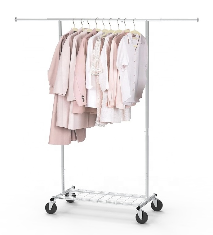 Single rod clothing garment rack extendable heavy duty clothes rack with wheels