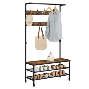 DAINTREE 3-in-1 Entryway Coat Rack and Storage Bench Pipe Style Hall Tree with 9 Hooks Multifunctional Sturdy Steel Industrial