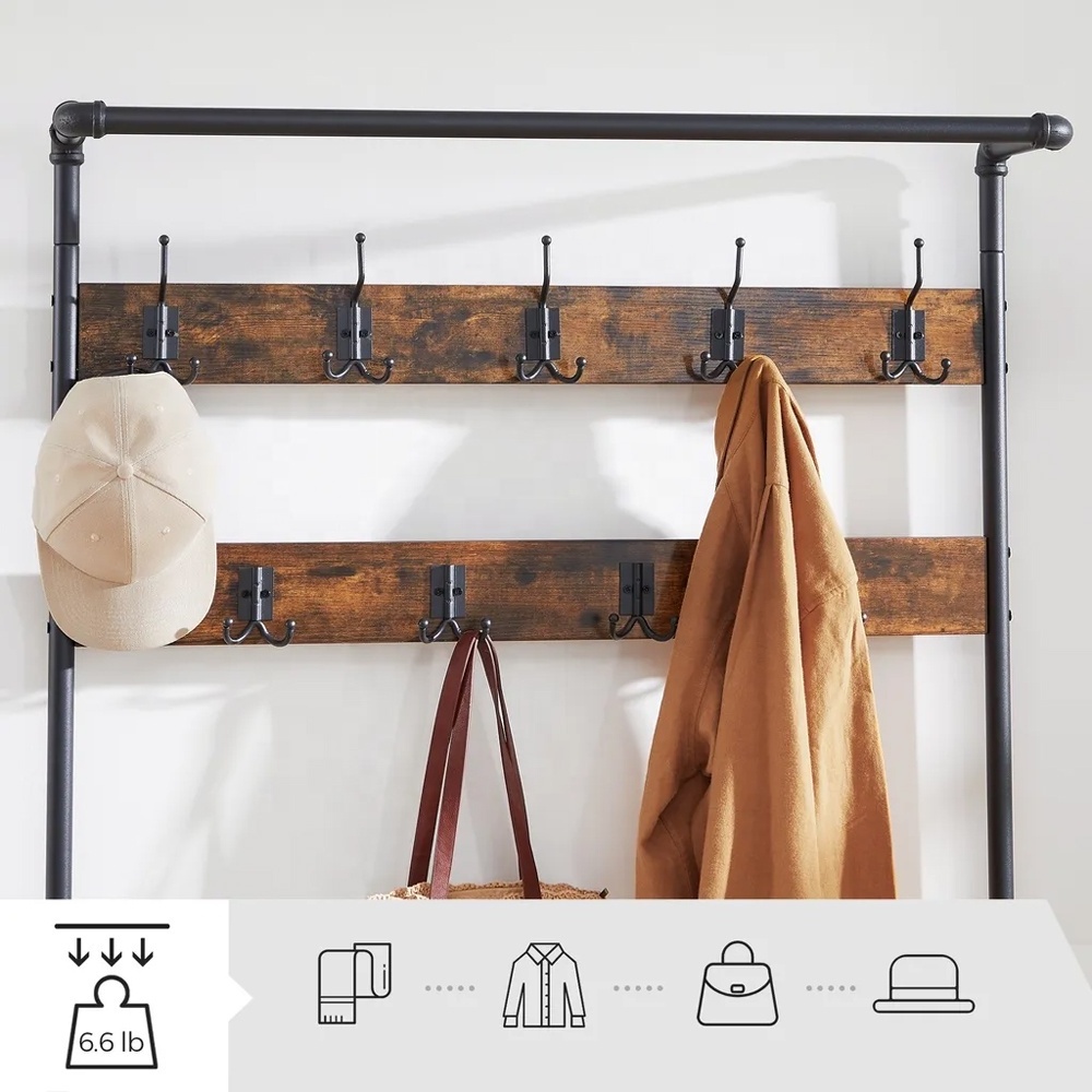 DAINTREE 3-in-1 Entryway Coat Rack and Storage Bench Pipe Style Hall Tree with 9 Hooks Multifunctional Sturdy Steel Industrial