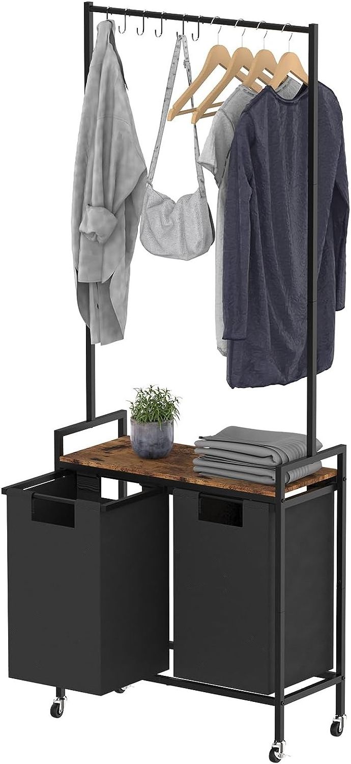 Laundry basket cart with hanging clothes rack laundry hamper with pull out bags  wheels for bathroom laundry sorter