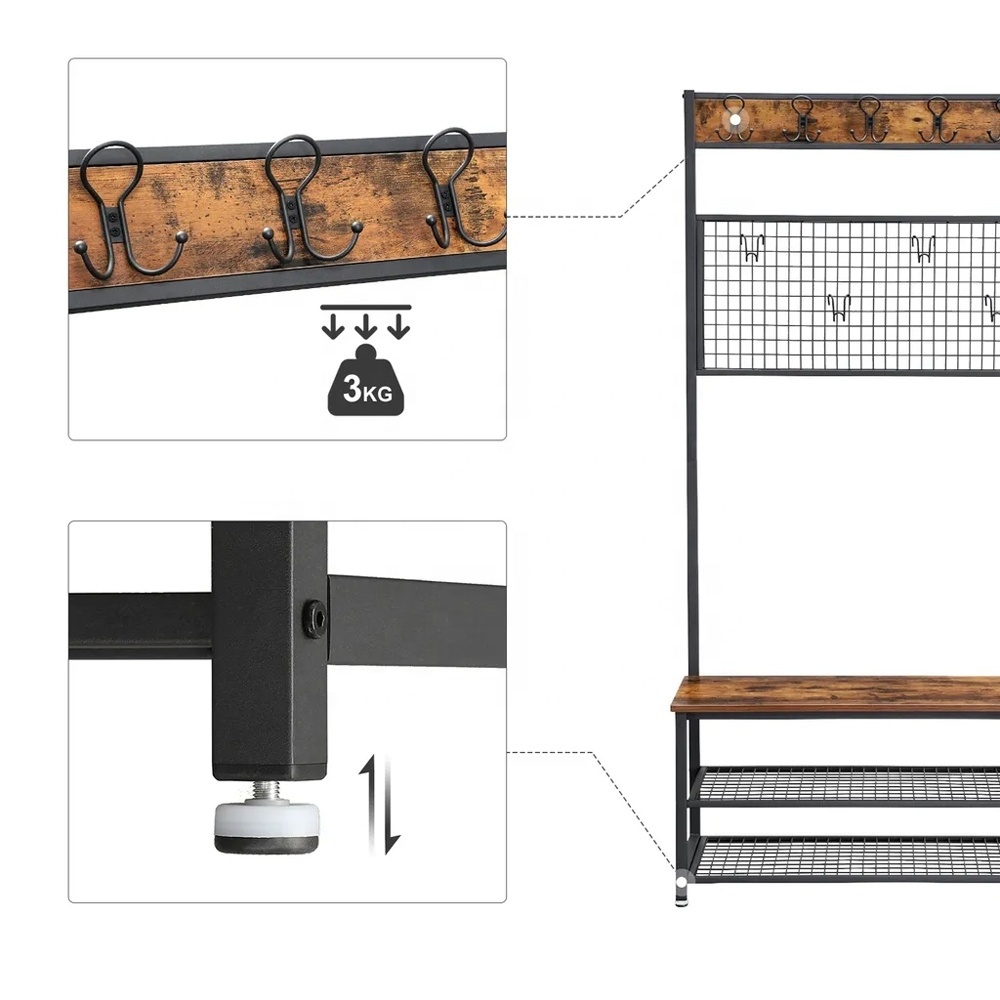 Industrial Coat Rack Stand Shoe Rack Bench with Grid Memo Board 9 Hooks and Storage Shelves Hall Tree with Stable Metal Frame