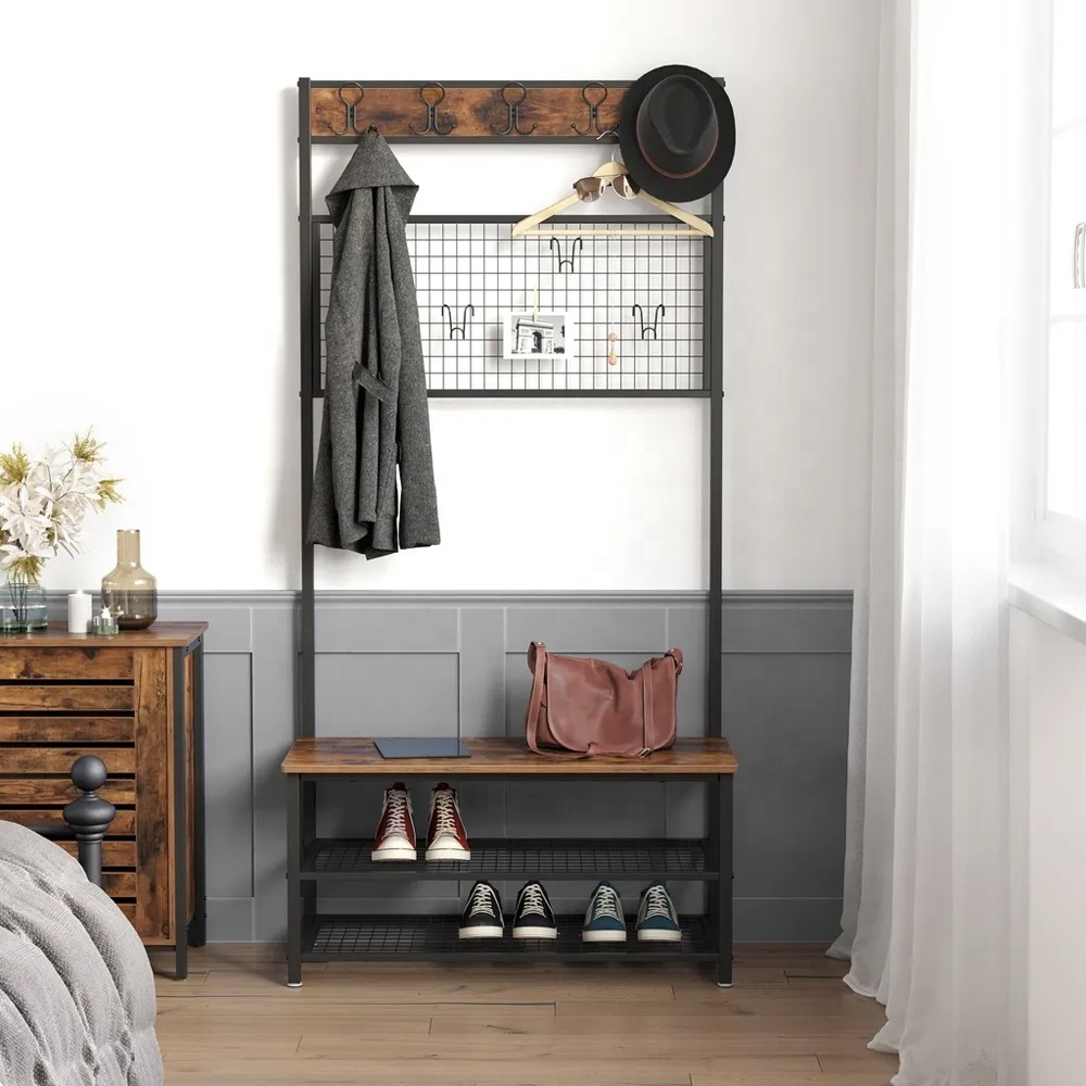 Industrial Coat Rack Stand Shoe Rack Bench with Grid Memo Board 9 Hooks and Storage Shelves Hall Tree with Stable Metal Frame