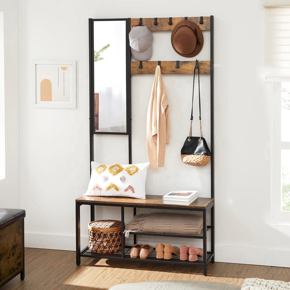 Coat Rack Shoe Bench with Mirror Hall Tree with Bench and Shoe Storage Shelves Bedroom Living Room Industrial Style