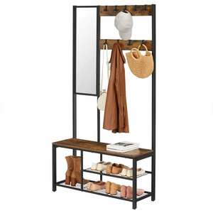 Coat Rack Shoe Bench with Mirror Hall Tree with Bench and Shoe Storage Shelves Bedroom Living Room Industrial Style