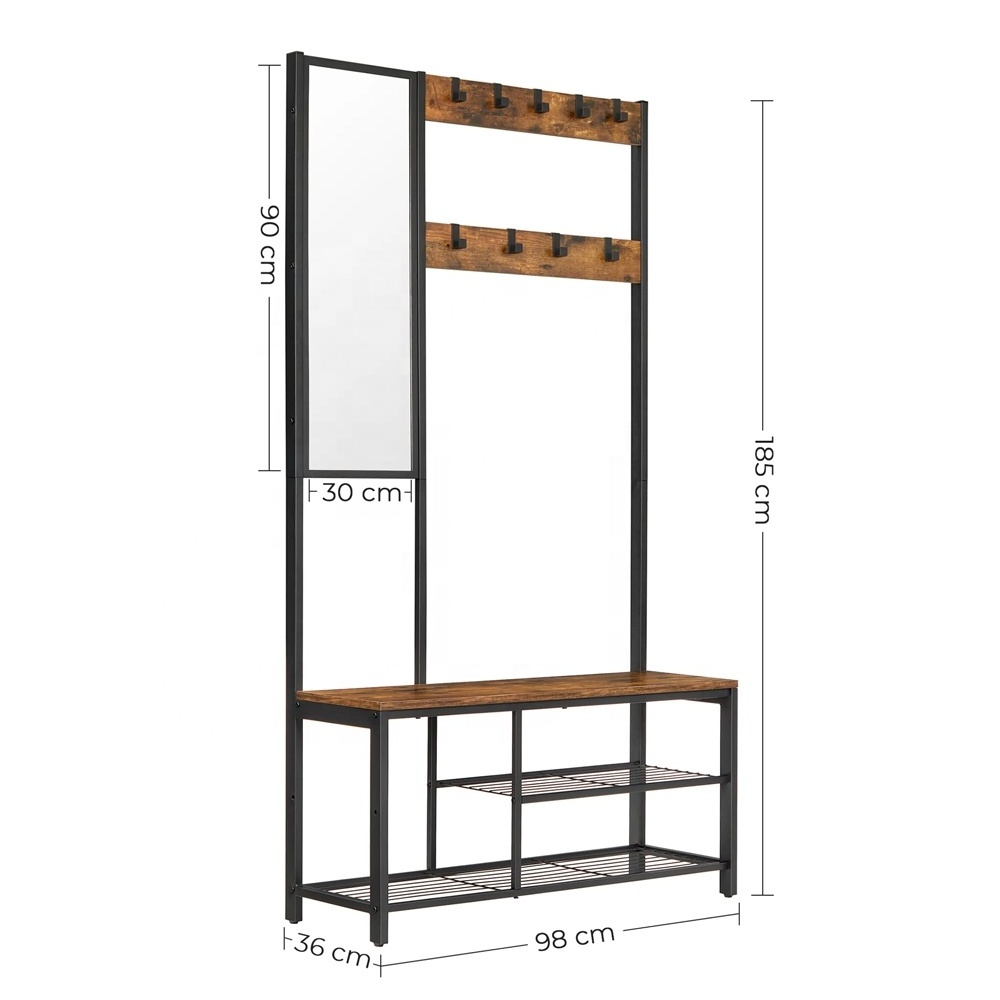 Coat Rack Shoe Bench with Mirror Hall Tree with Bench and Shoe Storage Shelves Bedroom Living Room Industrial Style