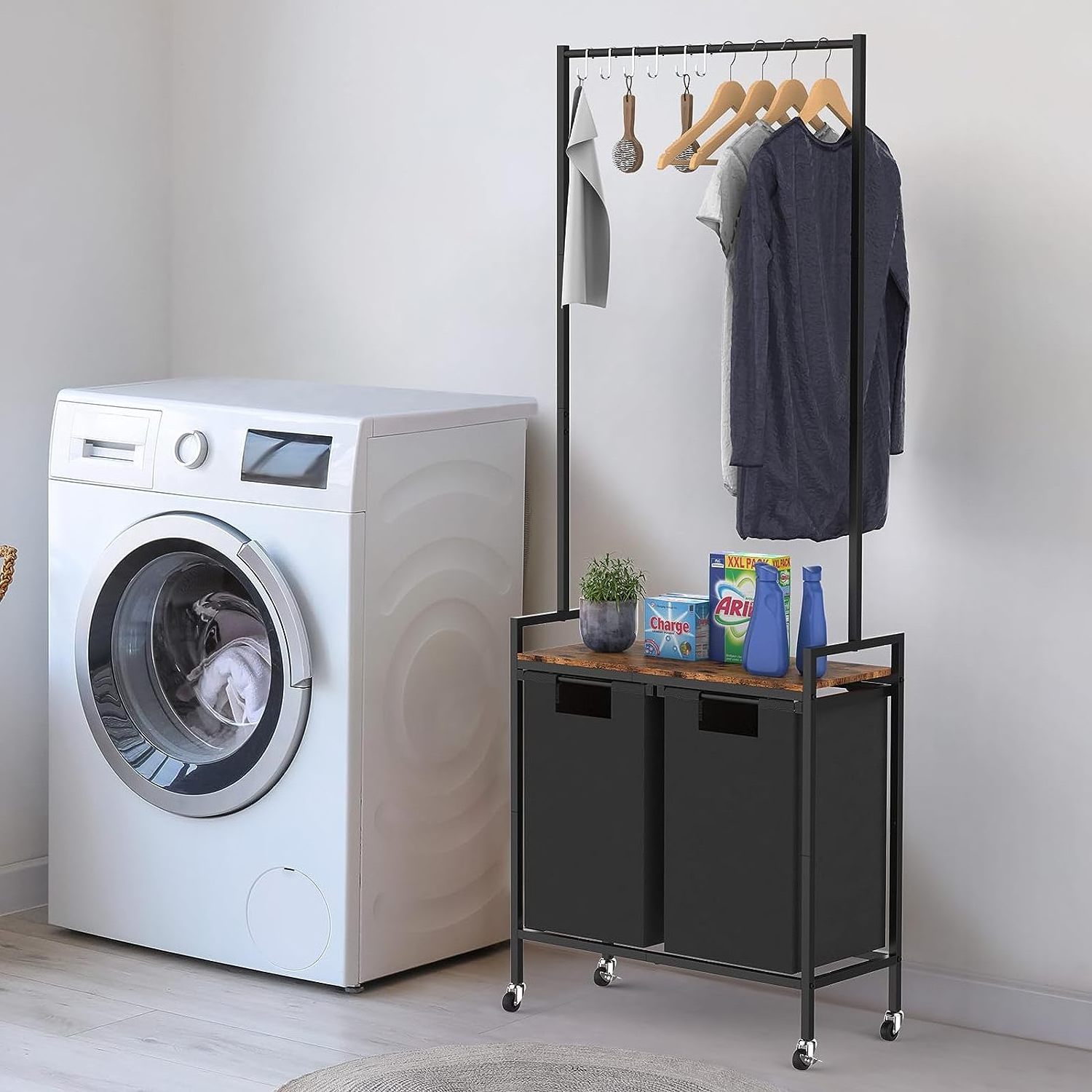 Laundry basket cart with hanging clothes rack laundry hamper with pull out bags  wheels for bathroom laundry sorter