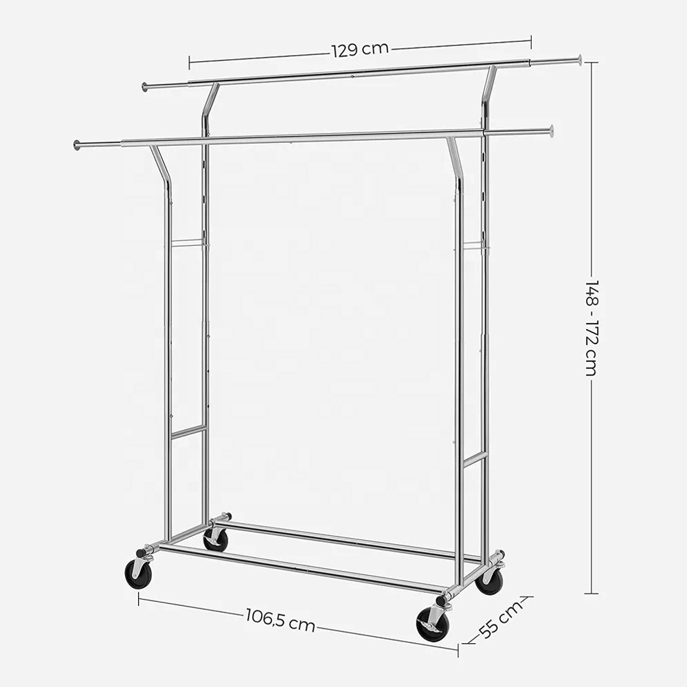 Load Capacity Commercial Grade Clothing Garment Racks Heavy Duty Double Rails Adjustable Collapsible Rolling Clothes Rack