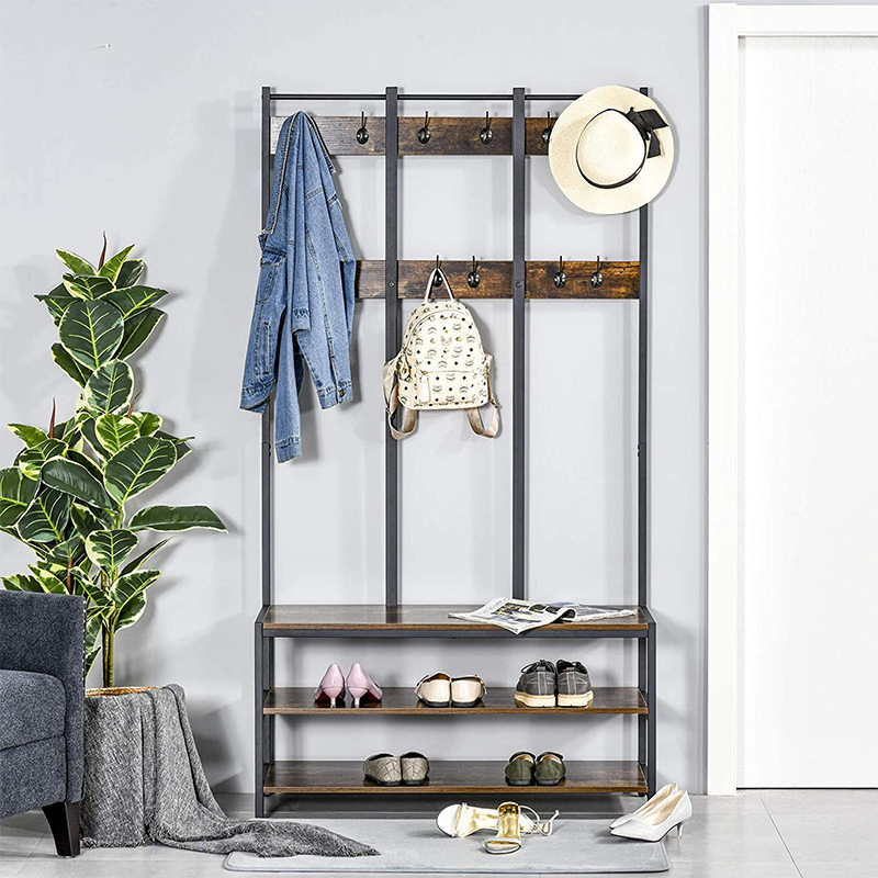 freestanding closet organizer with hooks metal frame and  wooden layer garment rack modern hallstand for closet & shoe entryway