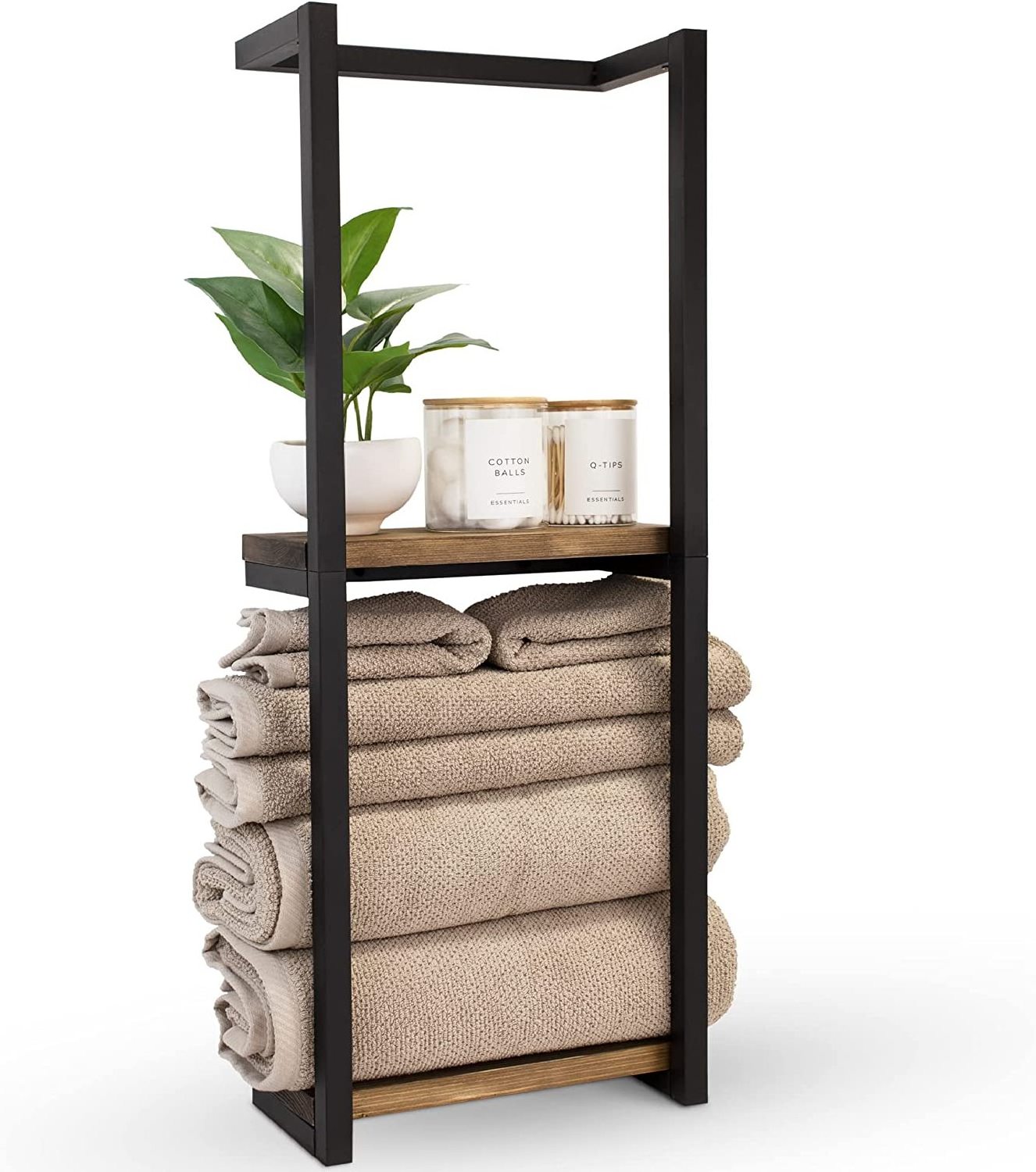 modern industrial style towel storage rack with wooden shelves wall-mounted towel holder bathroom organizer rack