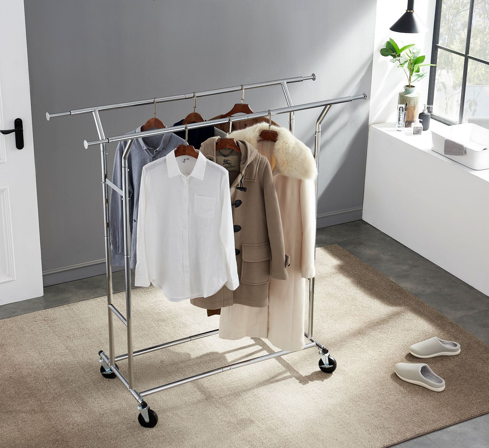 factory customize rolling clothes rack garment rack for hanging clothes bags with wheels adjustable clothes display organizer