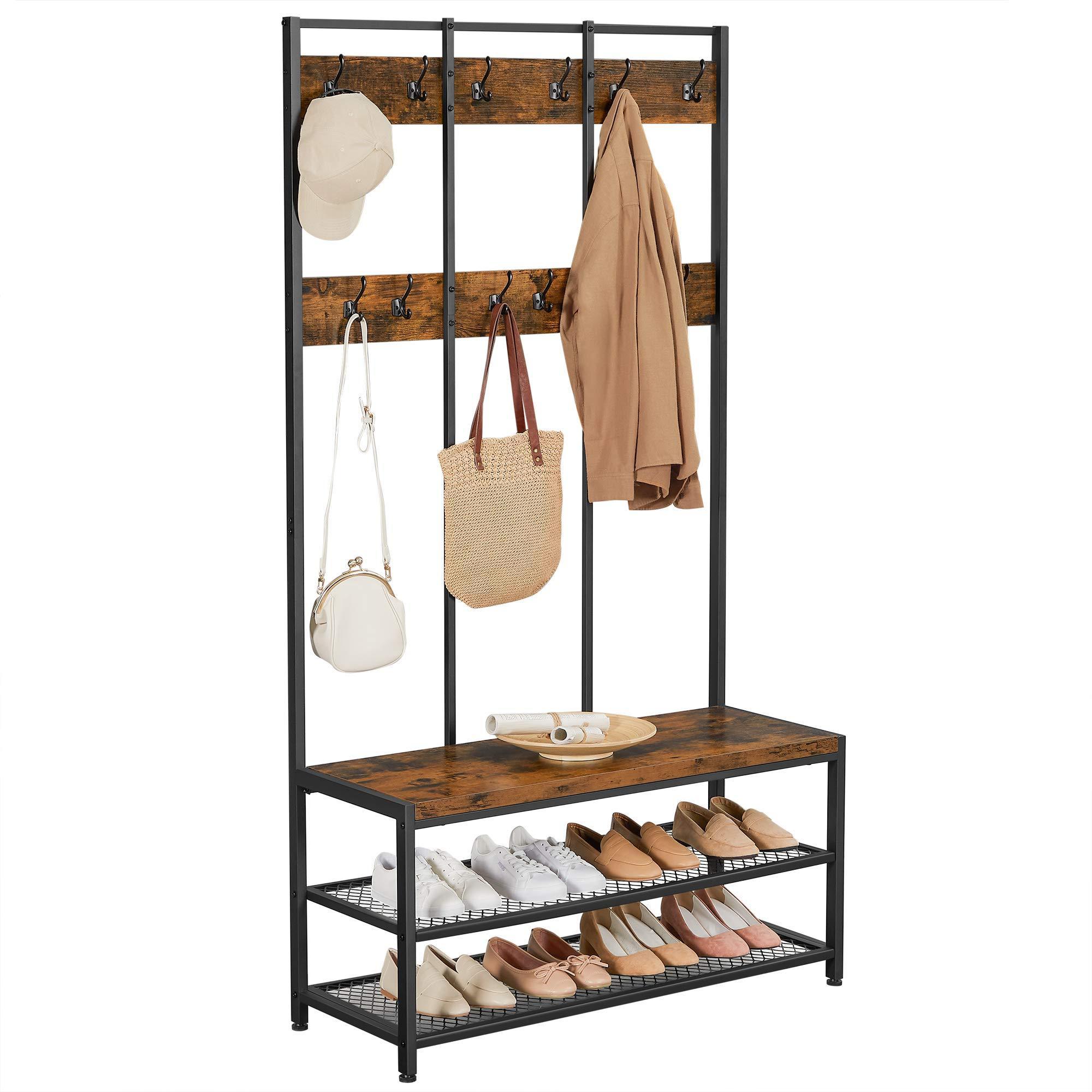 freestanding closet organizer with hooks metal frame and  wooden layer garment rack modern hallstand for closet & shoe entryway