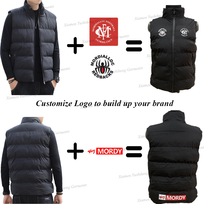 Custom Logo Men's Outdoor Thicken Padded Vest Stand Collar Zipper Pocket Winter Jacket Black  Quilted Puffer Waistcoat Men'Vest