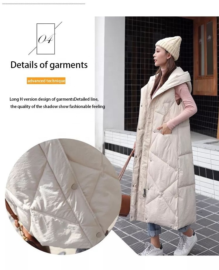 Custom Long Quilted Vest  Maxi Length  Puffer Vest Gilet Padded Coat Thick Hooded Sleeveless  Winter Women Puffer Jacket Vest