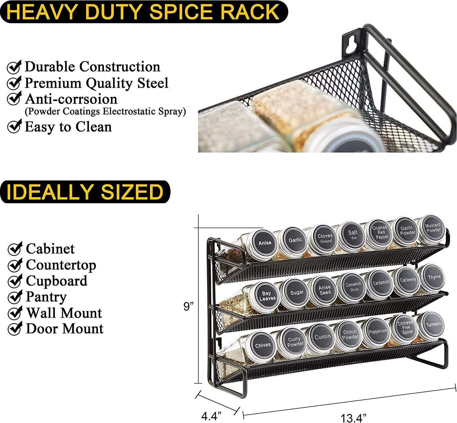 Kitchen Countertop Shelf Black Spice Jars Seasoning Organizer Detachable 3 Tier Spice Rack Organizer for Cabinet