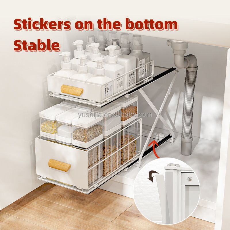 NEW DESIGN Foldable metal pull out adjustable height 2 tier under sink storage organizer with sliding drawer