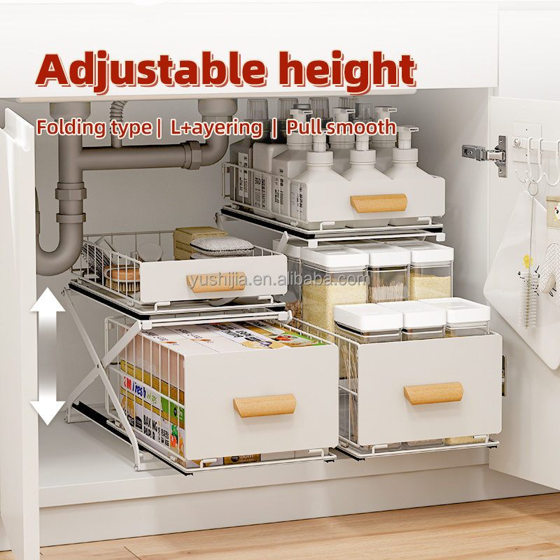 NEW DESIGN Foldable metal pull out adjustable height 2 tier under sink storage organizer with sliding drawer