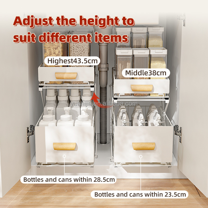 NEW DESIGN Foldable metal pull out adjustable height 2 tier under sink storage organizer with sliding drawer