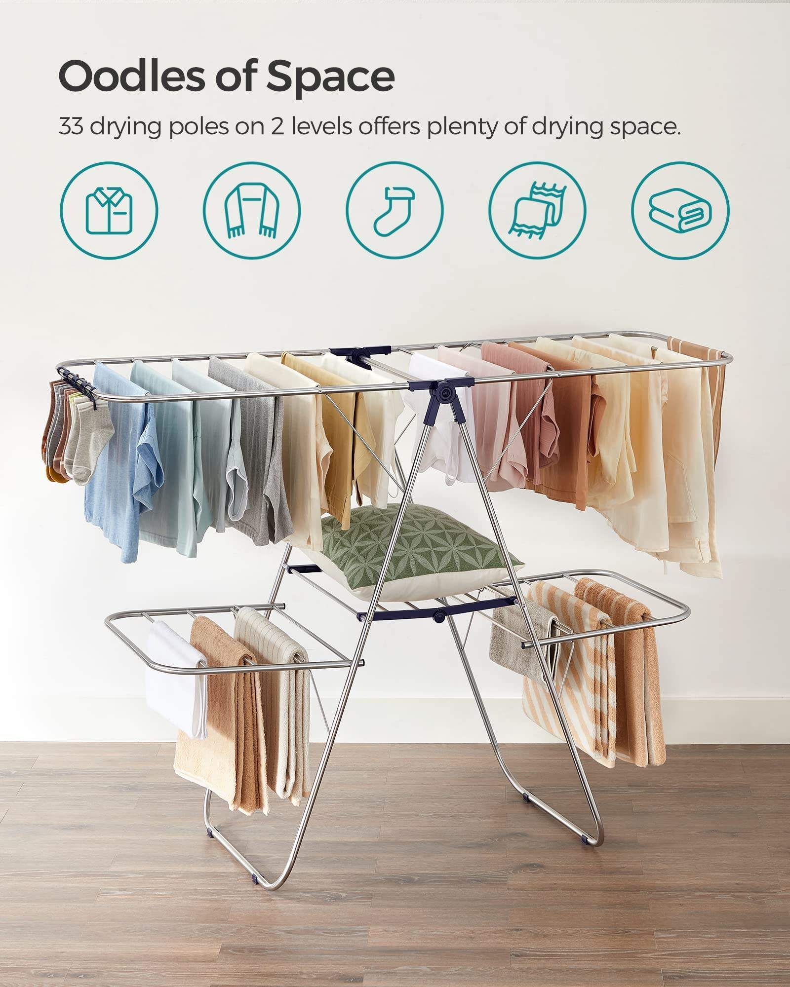 2 tier stainless steel clothes drying rack with shelves laundry clothes foldable drying rack for air drying clothing