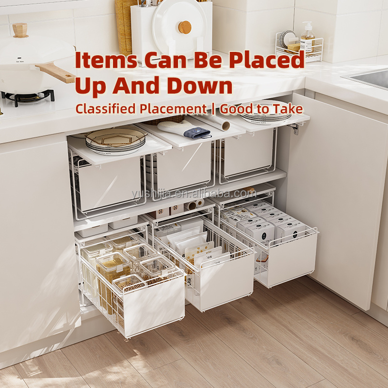 Yushijia NEW DESIGN space saving Double Sliding Drawer plate Storage rack Under Sink Cabinet Kitchen Organizer