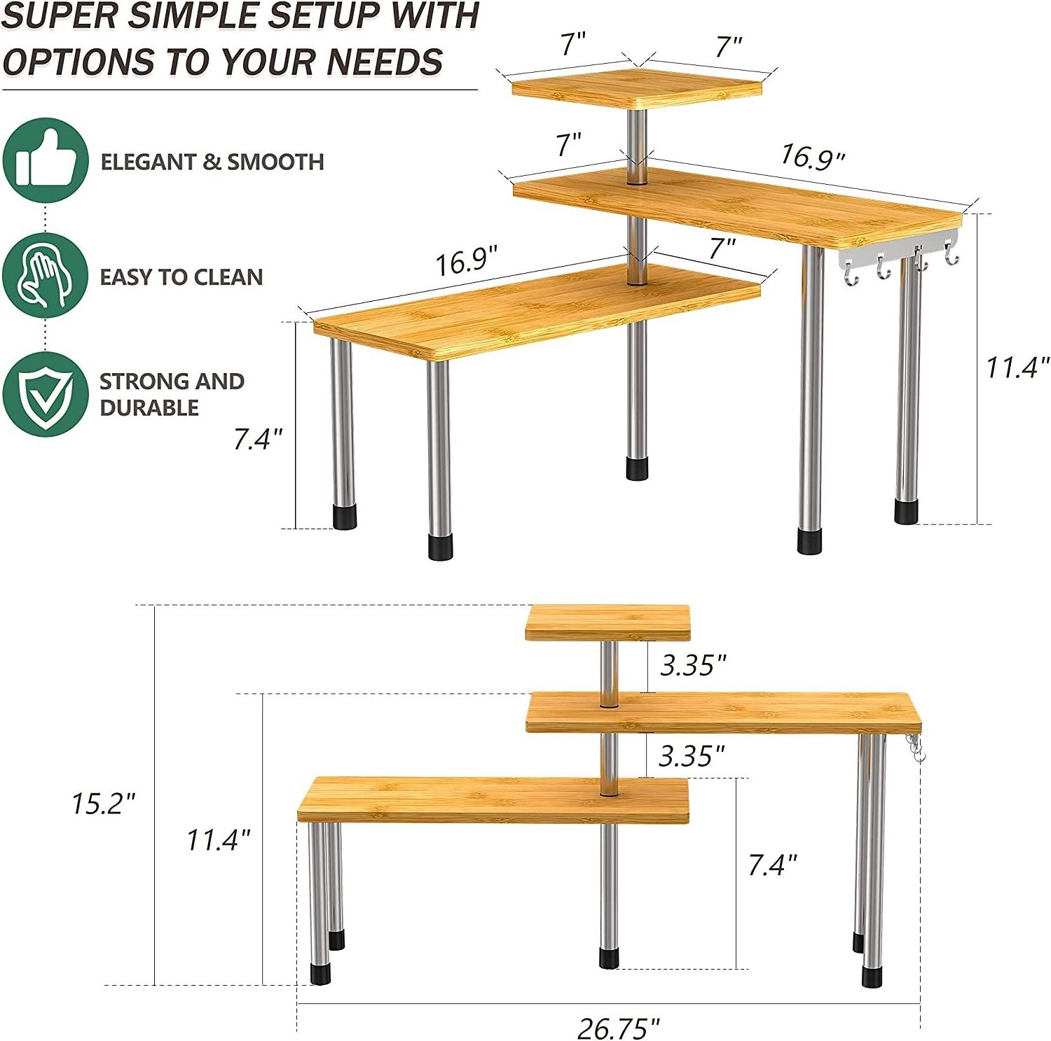 Kitchen Countertop Organizer 3 Tier Corner Counter Shelf with Metal Hooks Bathroom Counter Organizers and Storage Tiered Wood