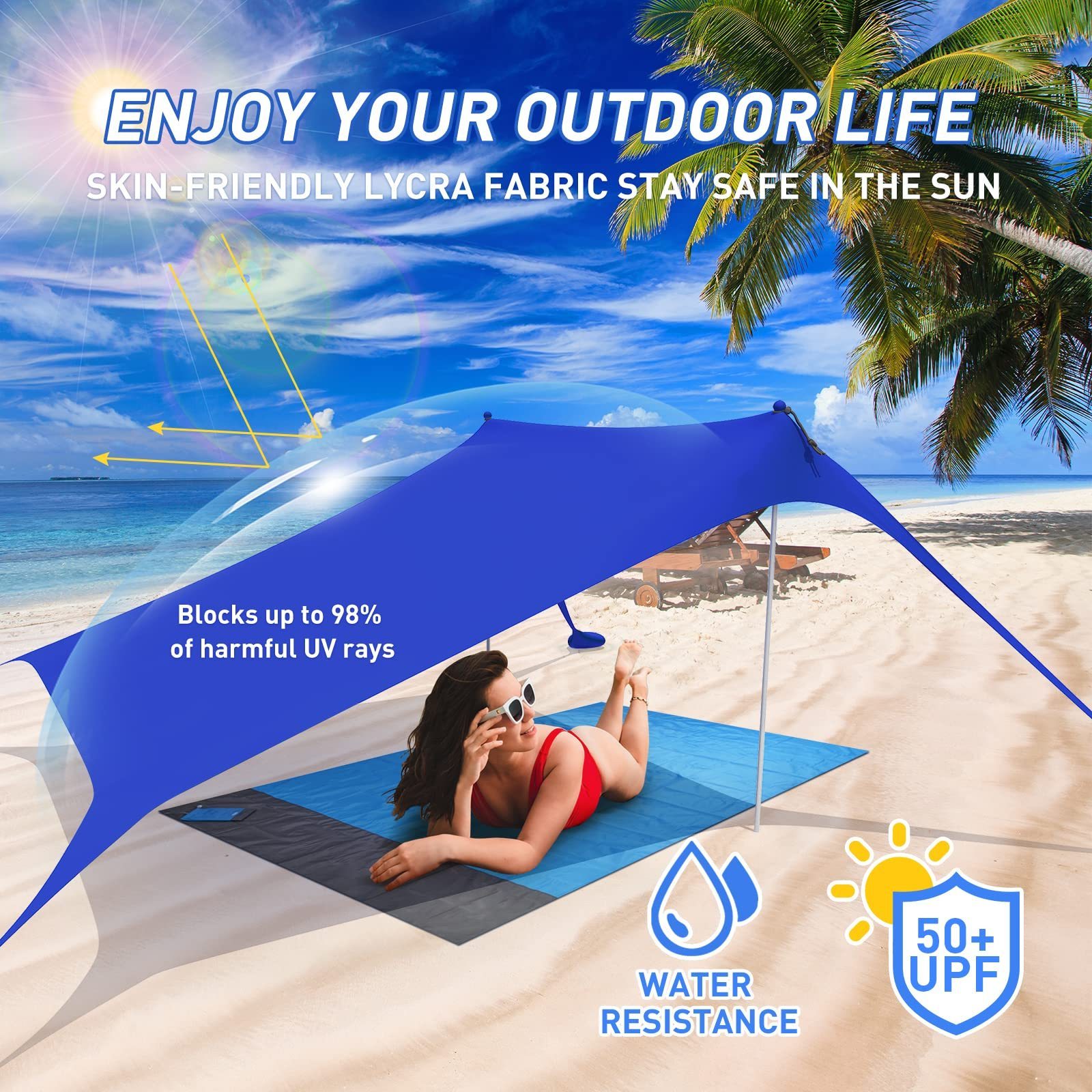 Family Beach Sunshade 2M*2.1M Large Area Lightweight Sun Shade Tent With Sandbag UPF50+ UV Large Portable Beach Canopy