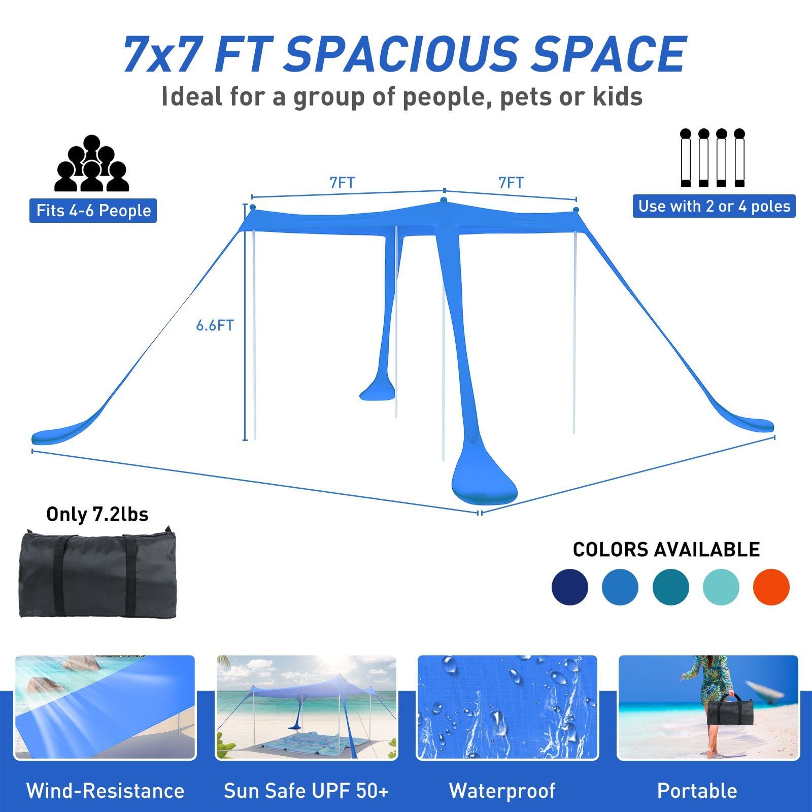 Family Beach Sunshade 2M*2.1M Large Area Lightweight Sun Shade Tent With Sandbag UPF50+ UV Large Portable Beach Canopy