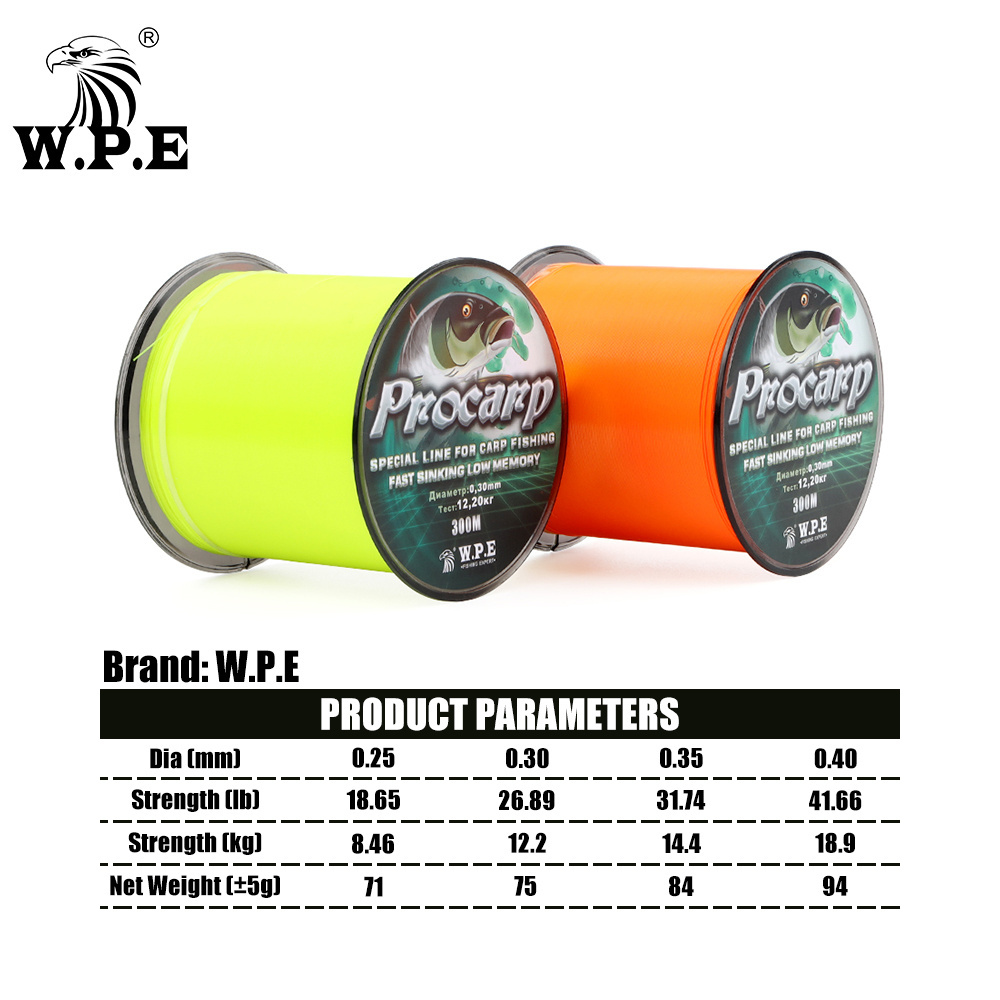 W.P.E 300m Carp Fishing Line 0.25mm-0.40mm Nylon Fishing Line 8.46kg-18.9kg Monofilament Sinking Carp Fishing Wire Fish Tackle