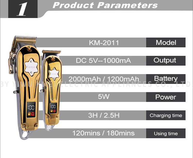 New Men'S Hair Clipper Two-Piece Suit LED Display Metal Hair Clipper Kemei KM-2011 USB Charging Electric Trimmer Hair Clipper