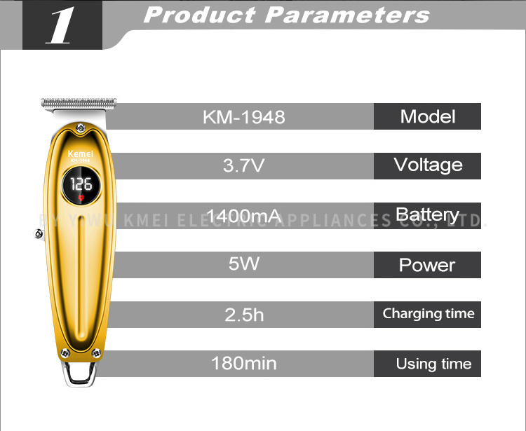 KEMEI 1948 gold KM Golden LED Display Metal Hair Clipper USB Charging Electric Men Hair Clipper