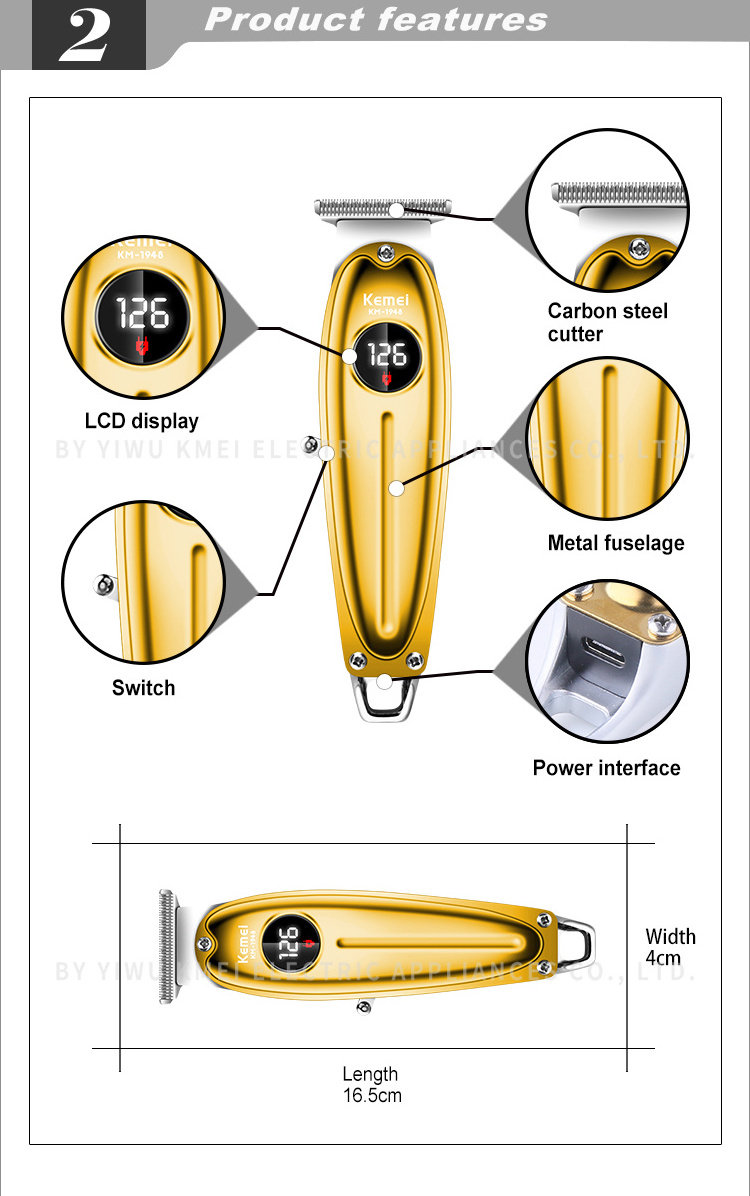 KEMEI 1948 gold KM Golden LED Display Metal Hair Clipper USB Charging Electric Men Hair Clipper