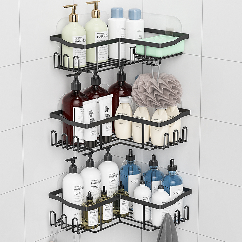 Adhesive Bathroom Organizer Hanging Shampoo Shelf Body Wash Rack Wall Mounted Black Metal Mesh Corner Shower Caddy