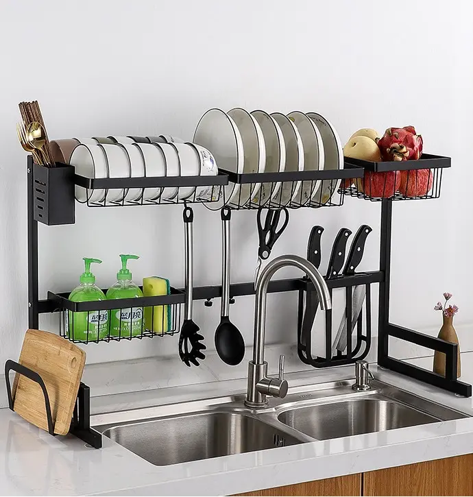 Brand Custom Stainless Steel Utensil Organizer 2 Tiers Draining Rack Kitchen Storage Rack Dish Rack Chopping Board Holder