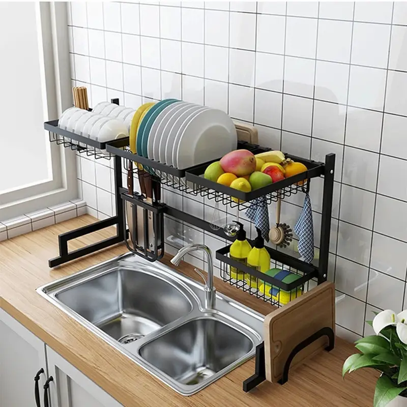 Brand Custom Stainless Steel Utensil Organizer 2 Tiers Draining Rack Kitchen Storage Rack Dish Rack Chopping Board Holder