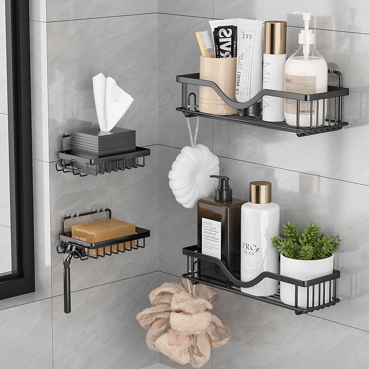 Hot Sale Stainless Steel 4 Piece Shelf With Soap Holder Shower Organizer Shelf Wall-Mounted Bathroom Rack Shelf