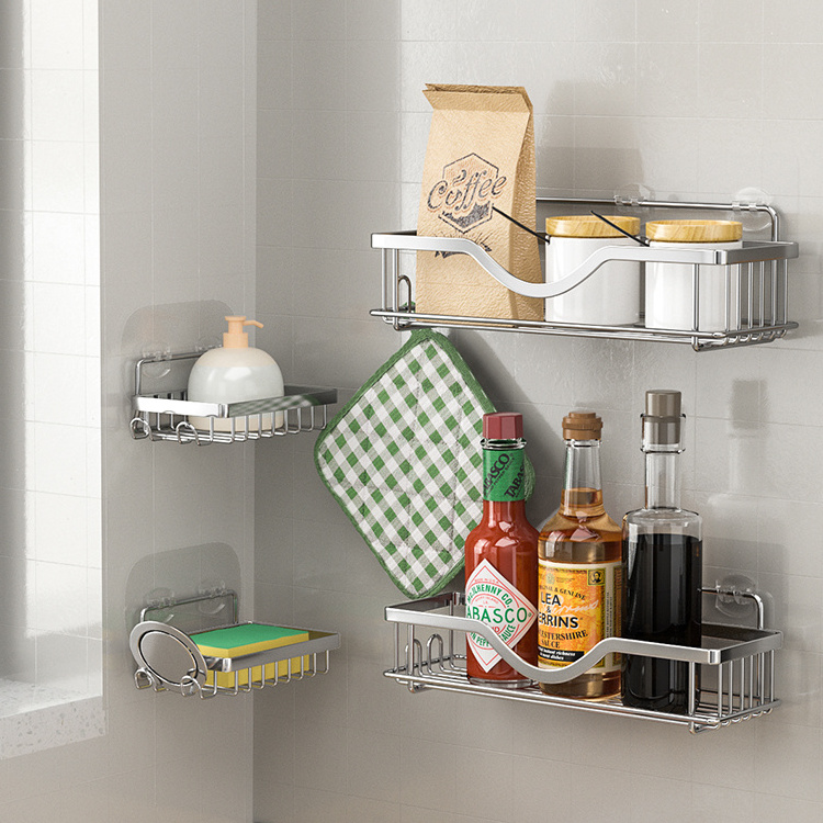 New Product Stainless Steel No Drilling Removable Wall Mounted Corner Shower Caddy Metal Storage Shelf