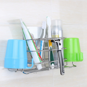 Bathroom Accessories Strong Adhesive Wall Mounted Stainless Steel Kids Toothbrush Holder With 2 Cup