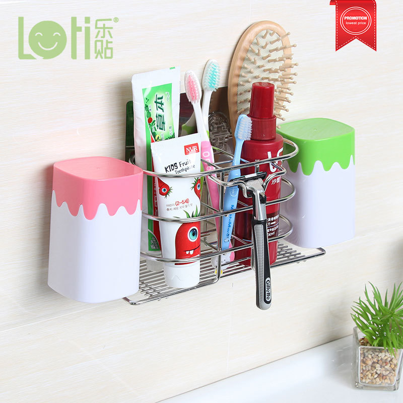 Bathroom Accessories Strong Adhesive Wall Mounted Stainless Steel Kids Toothbrush Holder With 2 Cup