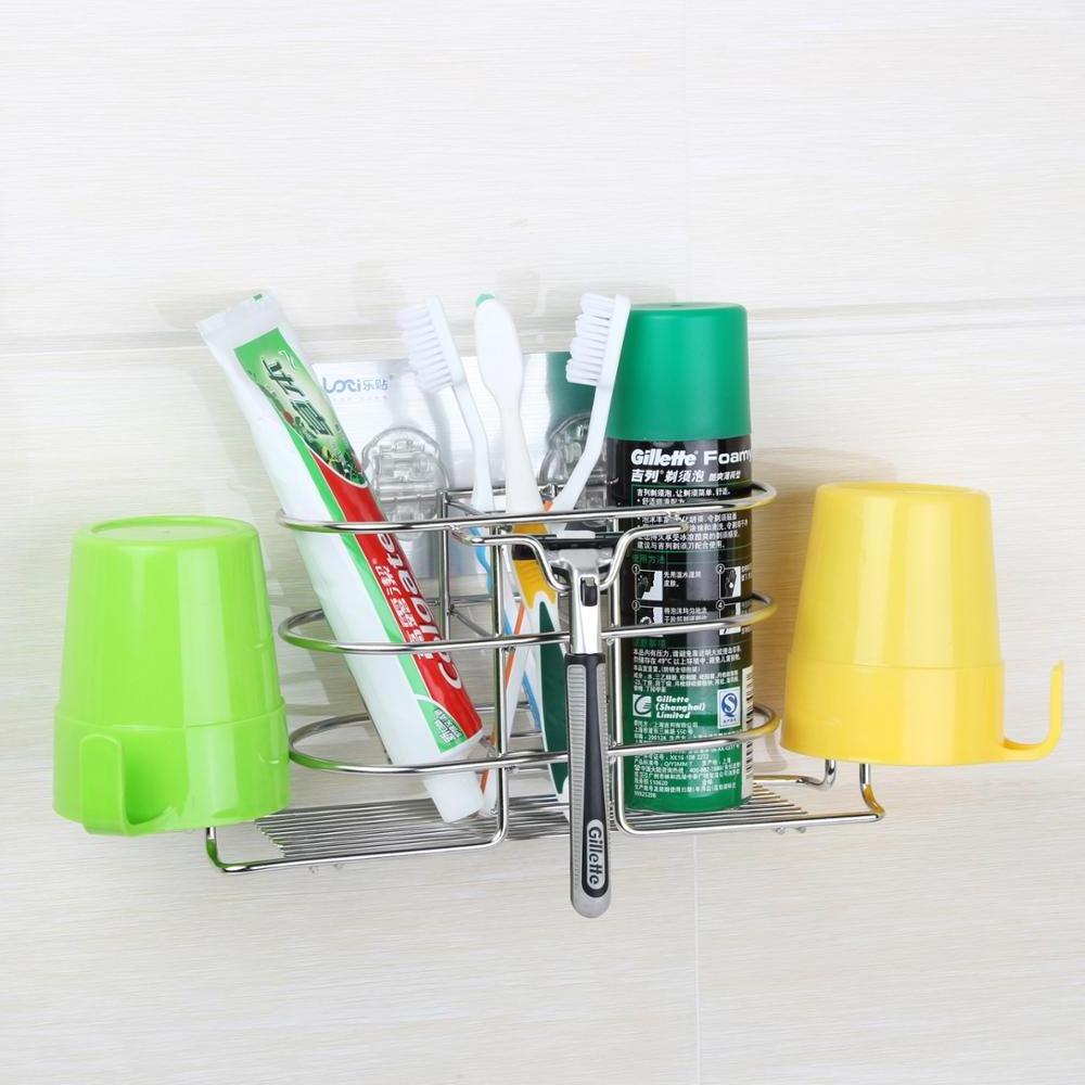 Bathroom Accessories Strong Adhesive Wall Mounted Stainless Steel Kids Toothbrush Holder With 2 Cup