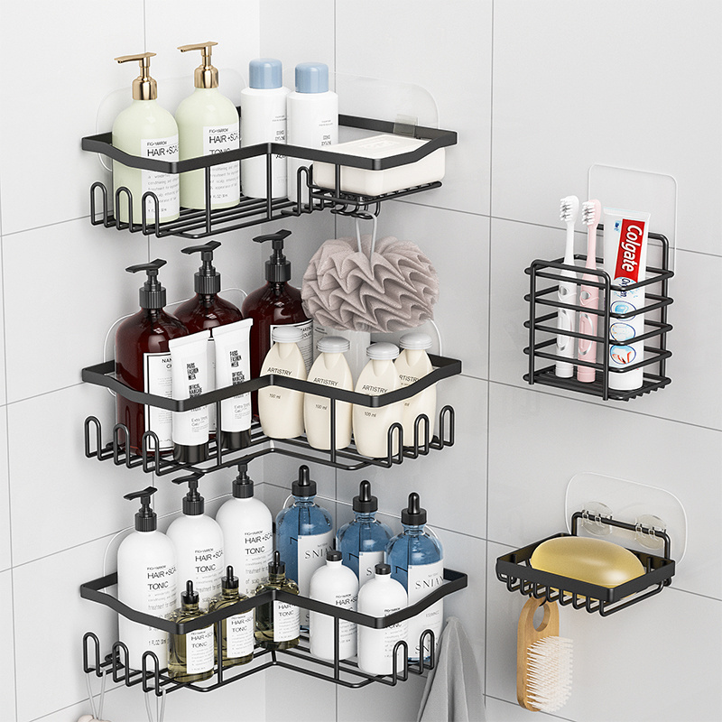 Adhesive Bathroom Organizer Hanging Shampoo Shelf Body Wash Rack Wall Mounted Black Metal Mesh Corner Shower Caddy