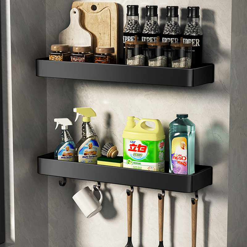 No Drilling Adhesive Large Shower Organizer Shelf Black Wall Mounted Shower Caddy