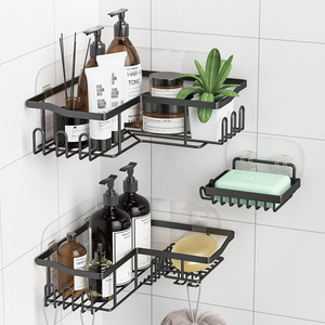 Adhesive Bathroom Organizer Hanging Shampoo Shelf Body Wash Rack Wall Mounted Black Metal Mesh Corner Shower Caddy