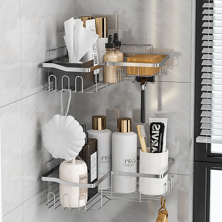 Bathroom Corner Shelf No Drilling Wall Mounted Stainless Steel Shower Storage Shelf With Hooks