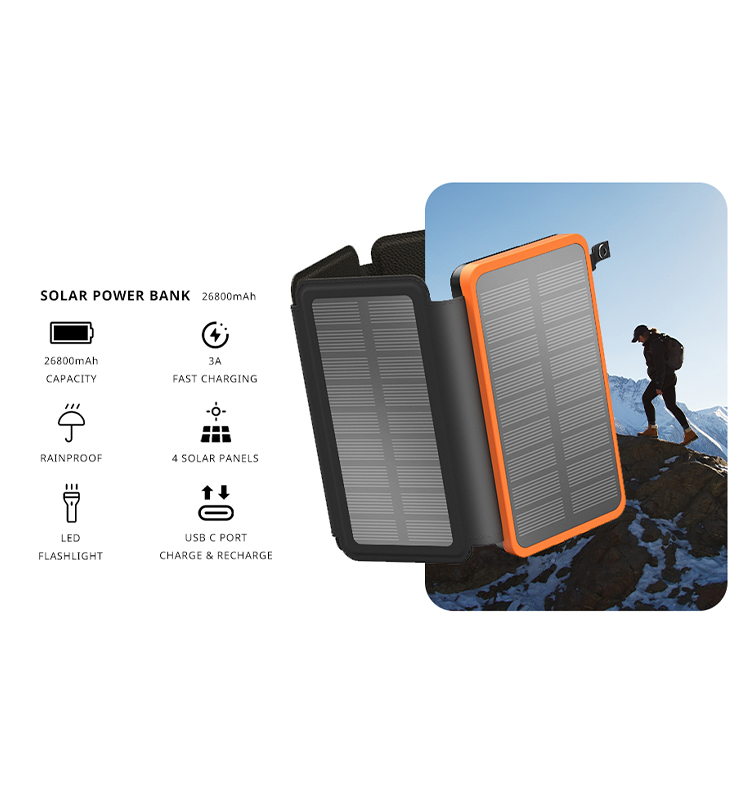 Hiluckey 2024 New Arrival High Capacity Solar Power Bank Outdoor Waterproof Solar Charger Portable Power Bank