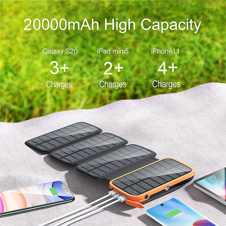 2024 Hot Sale Hiluckey Portable Charger 4 Solar Panels 20000Mah Solar Power Bank With Led Flashlight