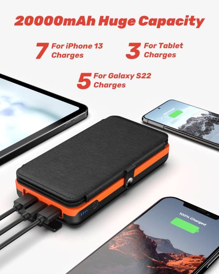 2023 New Trending  Foldable Waterproof 20000Mah Solar Charger Outdoor Travel Mobile Powerbank Solar Power Bank