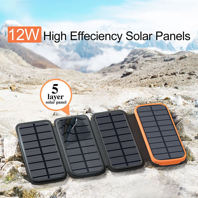 Hiluckey 2024 Foldable Panels Portable Battery Charger Flashlight 20000Mah Solar Power Bank With Light