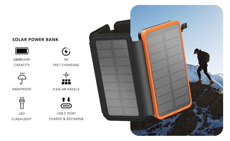 Hiluckey Hot Sale Foldable Power Bank Outdoor Portable Solar Phone Charger with LED Light Power Banks 16000mAh