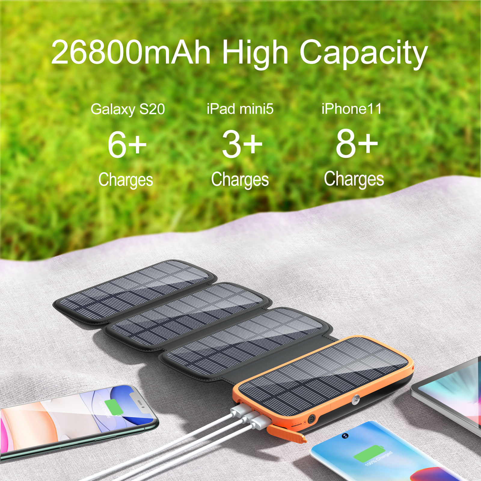 Hiluckey 2024 Hot Sale Led Flashlight Portable Battery Foldable 20000Mah Solar Panels Charger Solar Power Bank